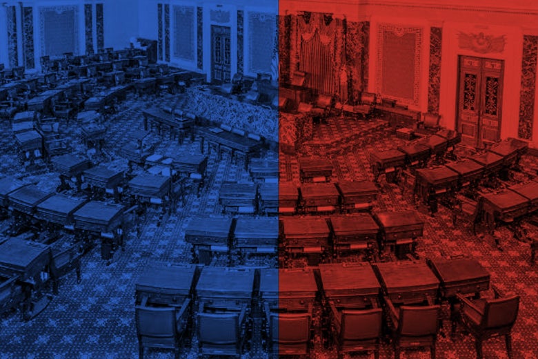 The Senate chamber colored half red and half blue.